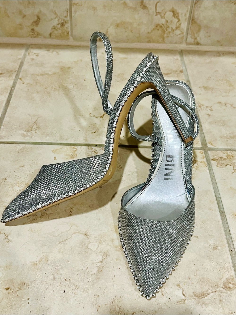 Dazzling Silver Rhinestone Pointed-Toe Ankle-Strap Heels